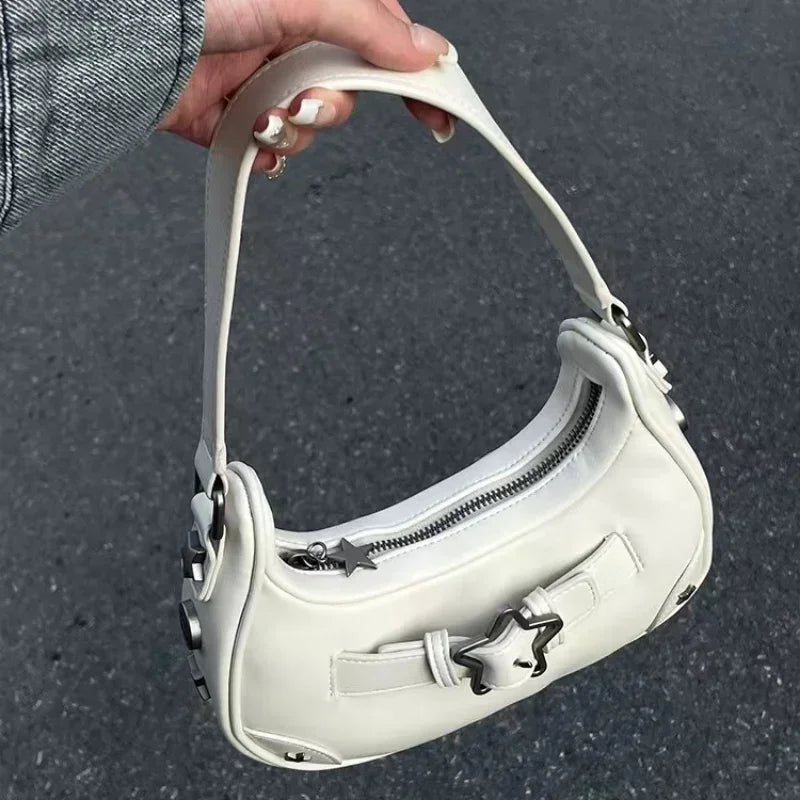 Vintage Koreanische Lässige Schultertasche mit Weißem Stern – Süße Achsel-Tote-Bag für Damen, Sling-Handtasche aus Kunstleder mit Reißverschluss