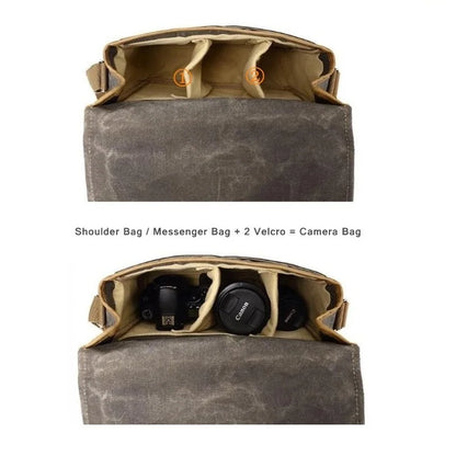 Herren Vintage Schultertasche aus geöltem Wachscanvas – Stoßfeste DSLR-Kameratasche, wasserdichte Canvas-Messenger- und Crossbody-Tasche, lässig und vielseitig