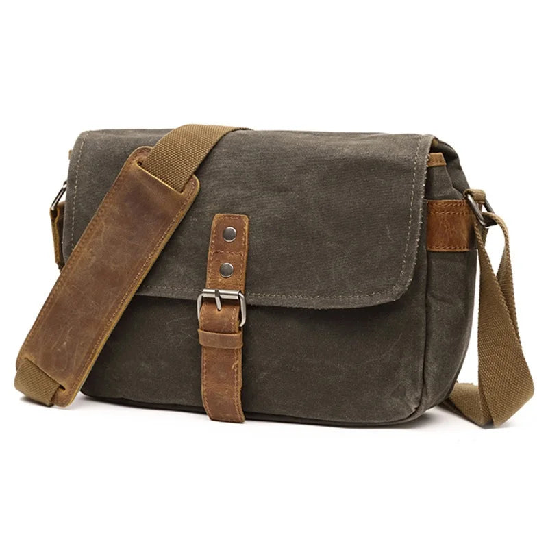 Herren Vintage Schultertasche aus geöltem Wachscanvas – Stoßfeste DSLR-Kameratasche, wasserdichte Canvas-Messenger- und Crossbody-Tasche, lässig und vielseitig