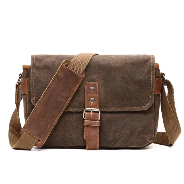 Herren Vintage Schultertasche aus geöltem Wachscanvas – Stoßfeste DSLR-Kameratasche, wasserdichte Canvas-Messenger- und Crossbody-Tasche, lässig und vielseitig