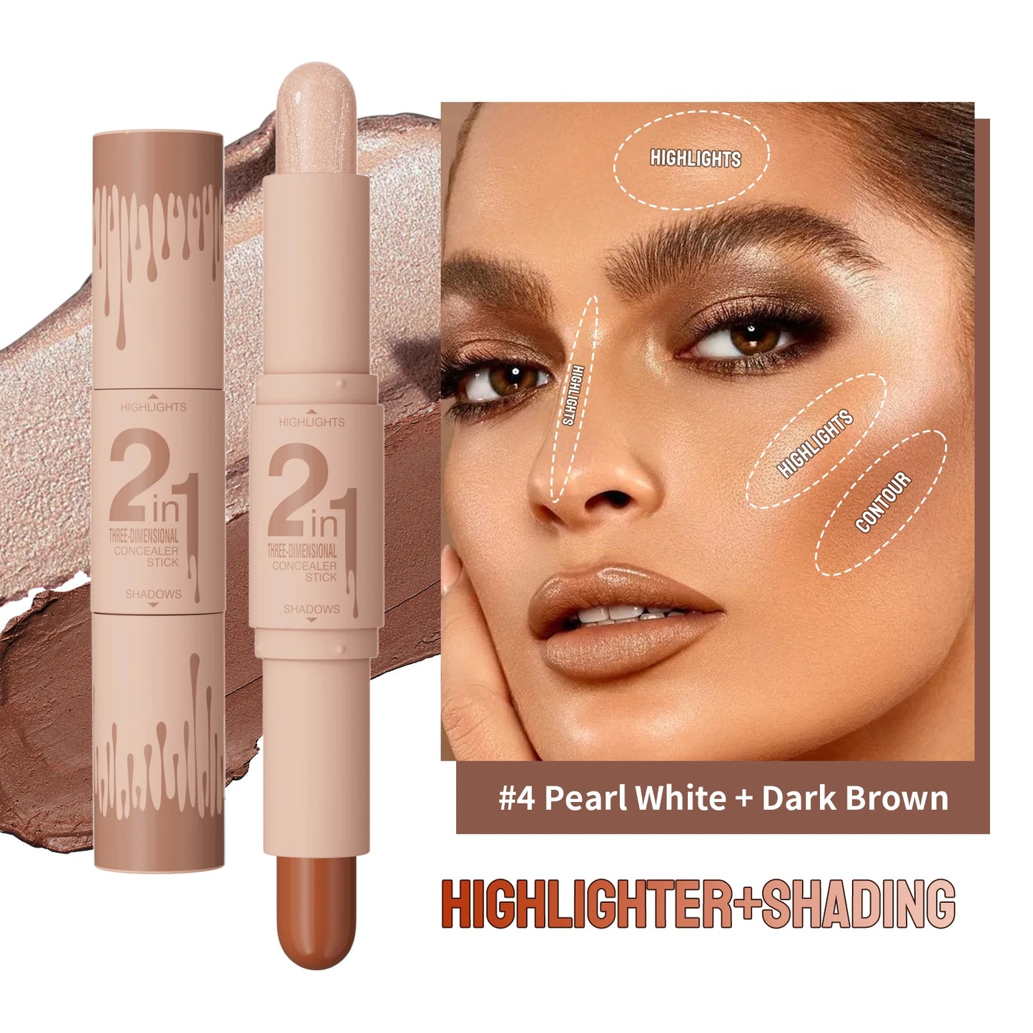 Doppelseitiger Highlighter & Contour Stick – 3D-Konturierung, Nasenschatten, Gesichtsform, Aufhellen & Modellieren