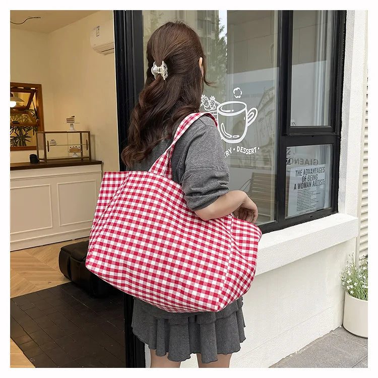 Große karierte Canvas-Umhängetasche für Damen – Schlichte Shopping- und Pendlertasche für Studentinnen, Reisetasche mit großem Fassungsvermögen