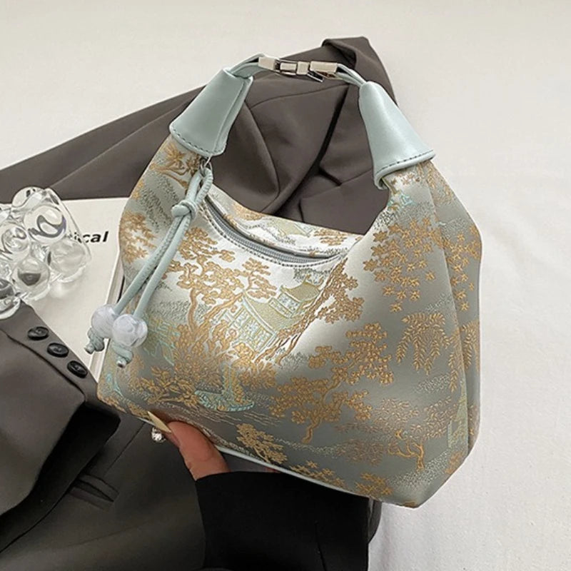 Lässige Bestickte Handtasche im Chinesischen Stil – Canvas Hanfu Stickerei, Reißverschluss Crossbody Bag, Cheongsam-Tasche für Party