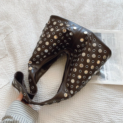 PU-Leder Bucket-Hobo-Tasche mit Nieten für Damen – Neuer Punk-Trend , Modische Schultertasche, Handtasche & Geldbörse