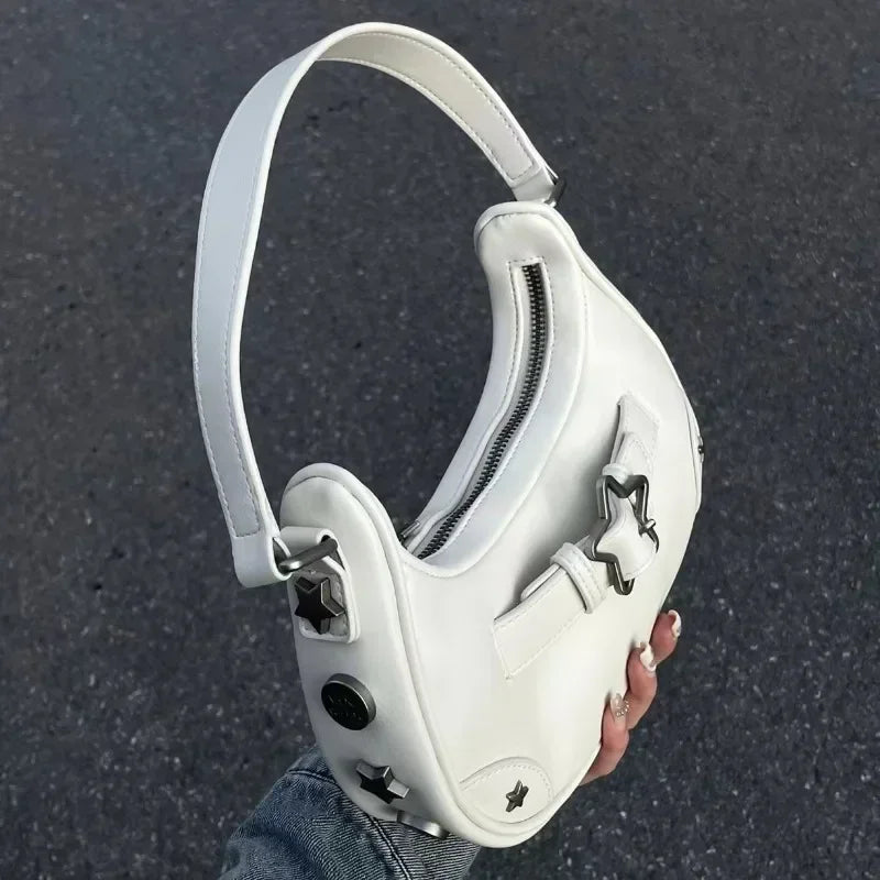 Vintage Koreanische Lässige Schultertasche mit Weißem Stern – Süße Achsel-Tote-Bag für Damen, Sling-Handtasche aus Kunstleder mit Reißverschluss