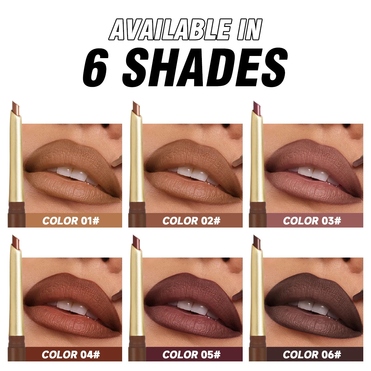 Matte Lippenkonturenstifte in 6 Farben – abgeschrägte Präzisionsspitze, natürliche Nude- & Brauntöne, langanhaltendes Make-up