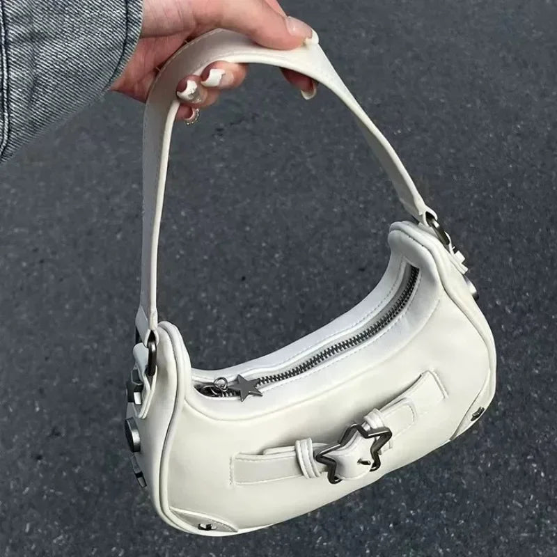 Vintage Koreanische Lässige Schultertasche mit Weißem Stern – Süße Achsel-Tote-Bag für Damen, Sling-Handtasche aus Kunstleder mit Reißverschluss