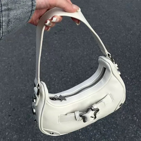Vintage Koreanische Lässige Schultertasche mit Weißem Stern – Süße Achsel-Tote-Bag für Damen, Sling-Handtasche aus Kunstleder mit Reißverschluss