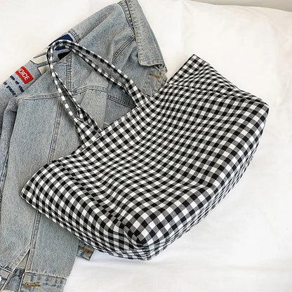 Große karierte Canvas-Umhängetasche für Damen – Schlichte Shopping- und Pendlertasche für Studentinnen, Reisetasche mit großem Fassungsvermögen