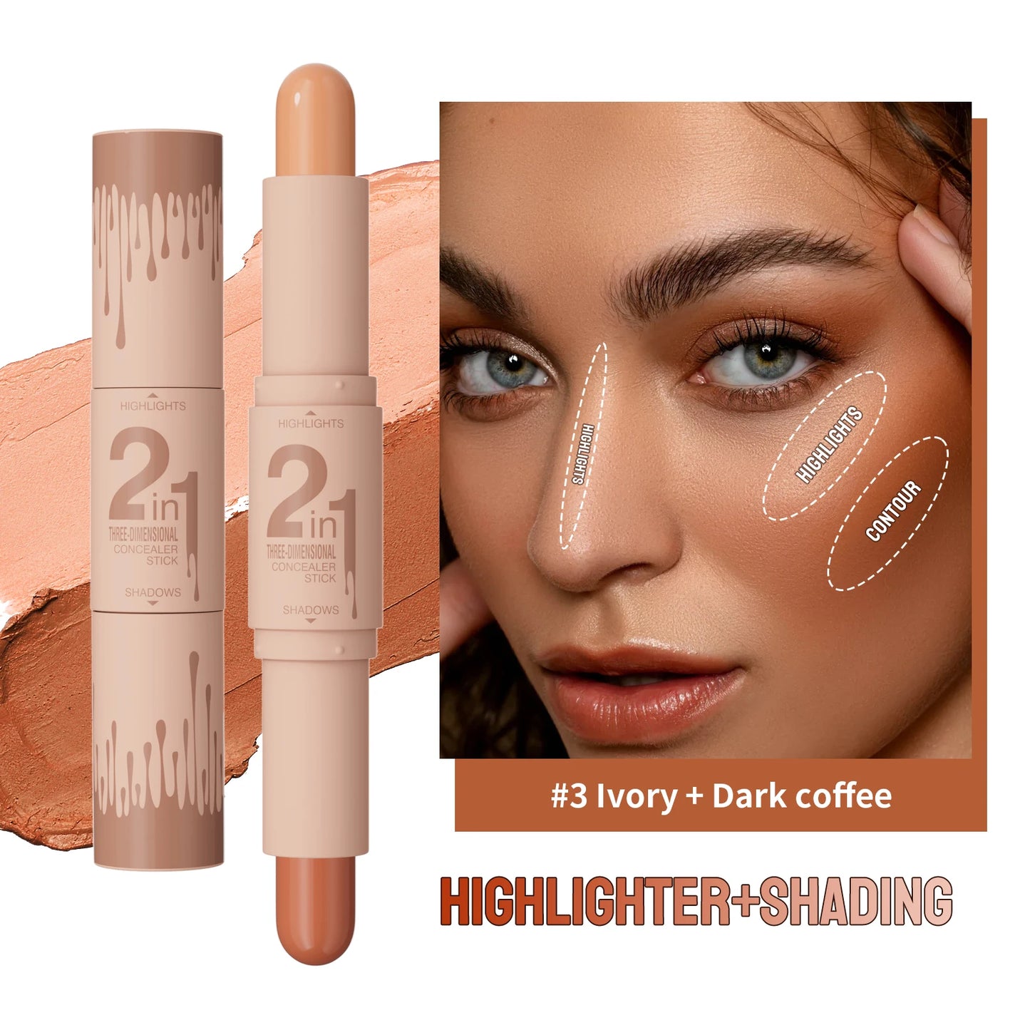 Doppelseitiger Highlighter & Contour Stick – 3D-Konturierung, Nasenschatten, Gesichtsform, Aufhellen & Modellieren