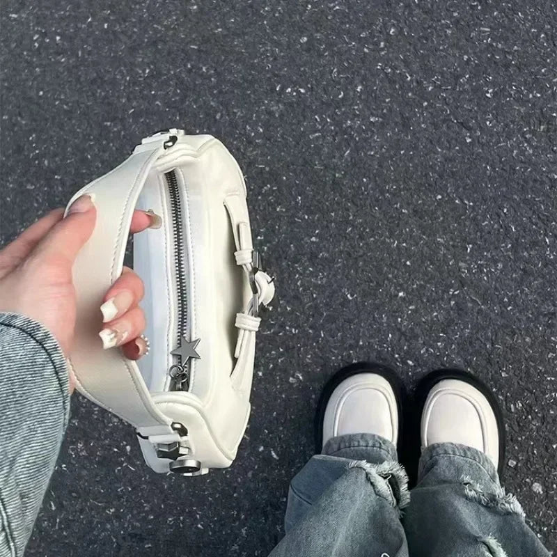 Vintage Koreanische Lässige Schultertasche mit Weißem Stern – Süße Achsel-Tote-Bag für Damen, Sling-Handtasche aus Kunstleder mit Reißverschluss
