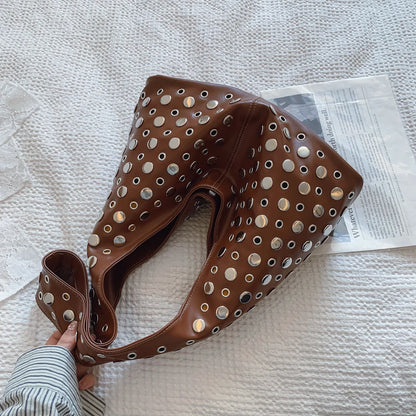 PU-Leder Bucket-Hobo-Tasche mit Nieten für Damen – Neuer Punk-Trend , Modische Schultertasche, Handtasche & Geldbörse