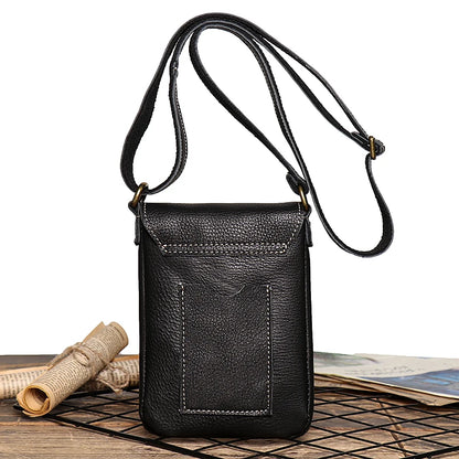 Retro Flip Schwarze Kleine Schultertasche für Herren – Echtleder Sling- und Crossbody-Tasche, Minderheiten-Design, einfache Handytasche für Männer