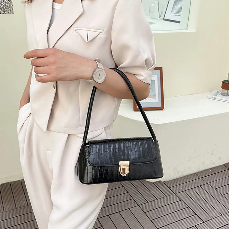 Modische und vielseitige Ein-Schulter-Handtasche für Damen mit Steinmuster – Unterarmtasche aus PU, kleine quadratische Handtasche