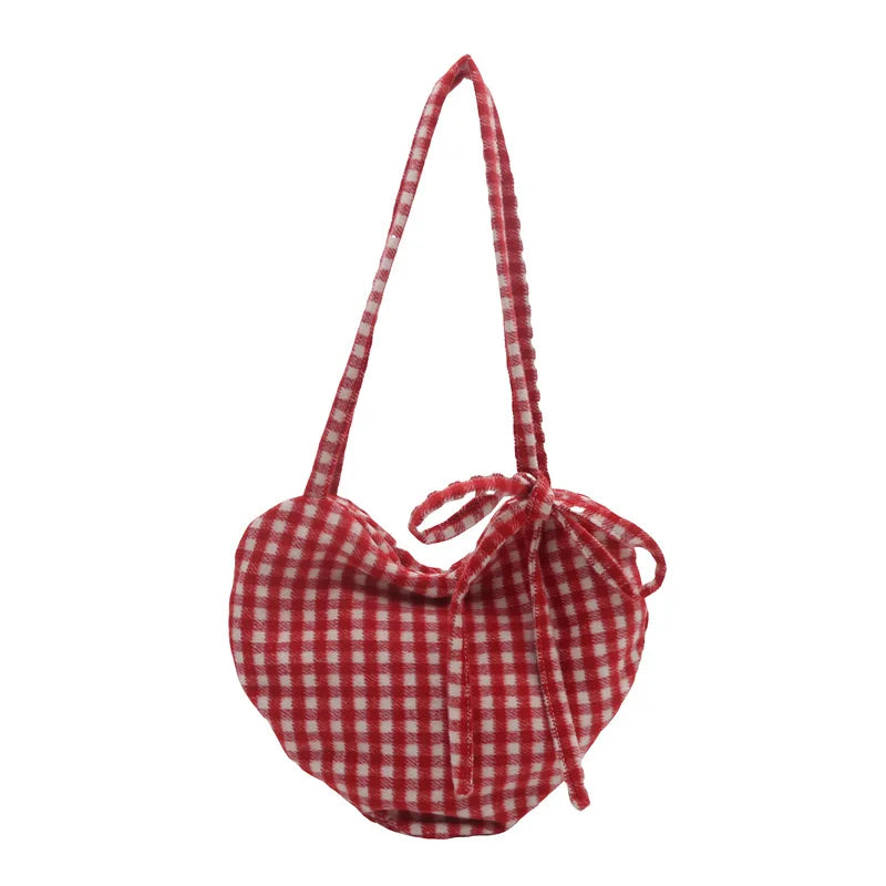 Retro Schultertasche in Herzform aus Wolle mit Karomuster für Damen – Große Kapazität, Leichte Tragbare Handtasche für Studentinnen, Tote Bag