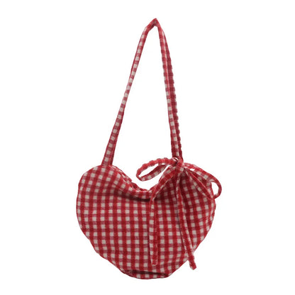 Retro Schultertasche in Herzform aus Wolle mit Karomuster für Damen – Große Kapazität, Leichte Tragbare Handtasche für Studentinnen, Tote Bag