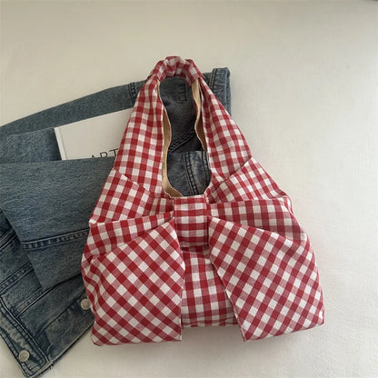 Retro Plaid-Schultertasche mit Schleife für Damen – Schlichte Pendler-Unterarmtasche, Lässige Tragbare Damen-Shopping-Tasche, Tote Bag