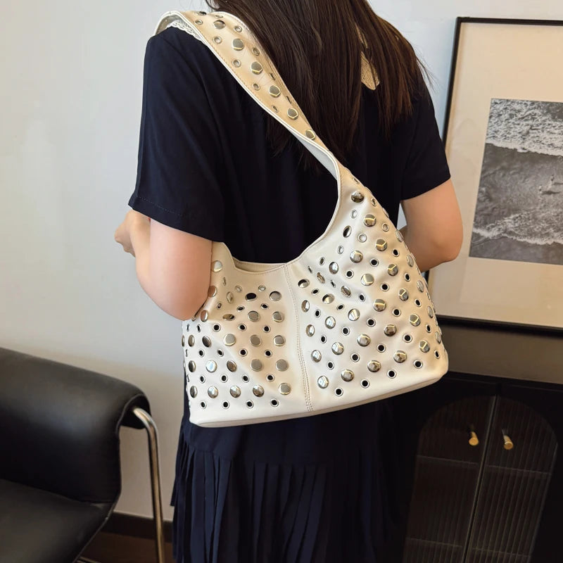 PU-Leder Bucket-Hobo-Tasche mit Nieten für Damen – Neuer Punk-Trend , Modische Schultertasche, Handtasche & Geldbörse