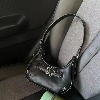 Vintage Koreanische Lässige Schultertasche mit Weißem Stern – Süße Achsel-Tote-Bag für Damen, Sling-Handtasche aus Kunstleder mit Reißverschluss