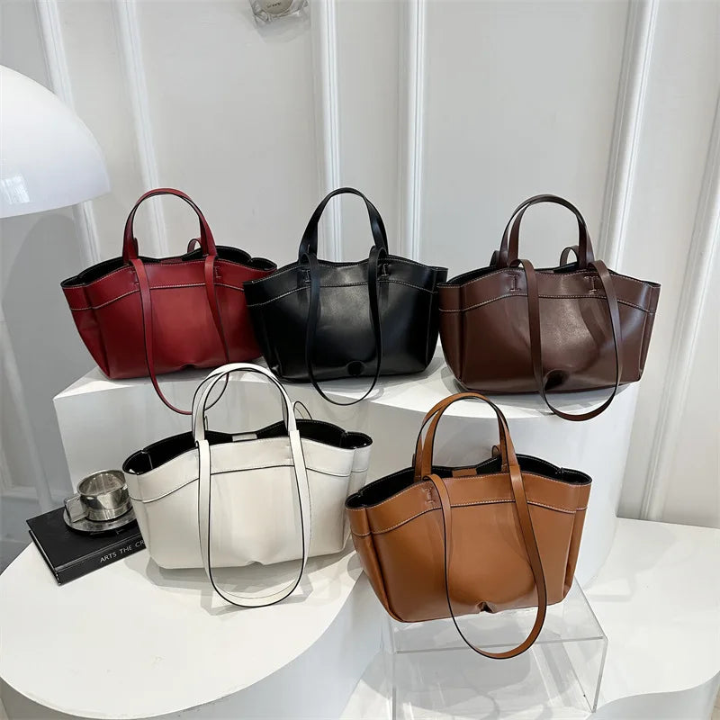 Einfarbige PU-Leder-Handtasche für Damen – Schulter- und Tote-Tasche mit großem Fassungsvermögen, Alltagstasche für Pendeln, Shopping und Crossbody-Tragen