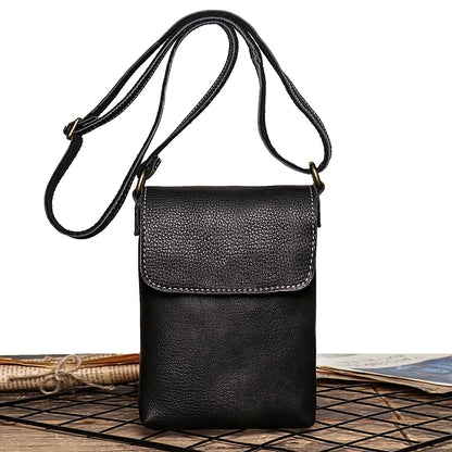 Retro Flip Schwarze Kleine Schultertasche für Herren – Echtleder Sling- und Crossbody-Tasche, Minderheiten-Design, einfache Handytasche für Männer