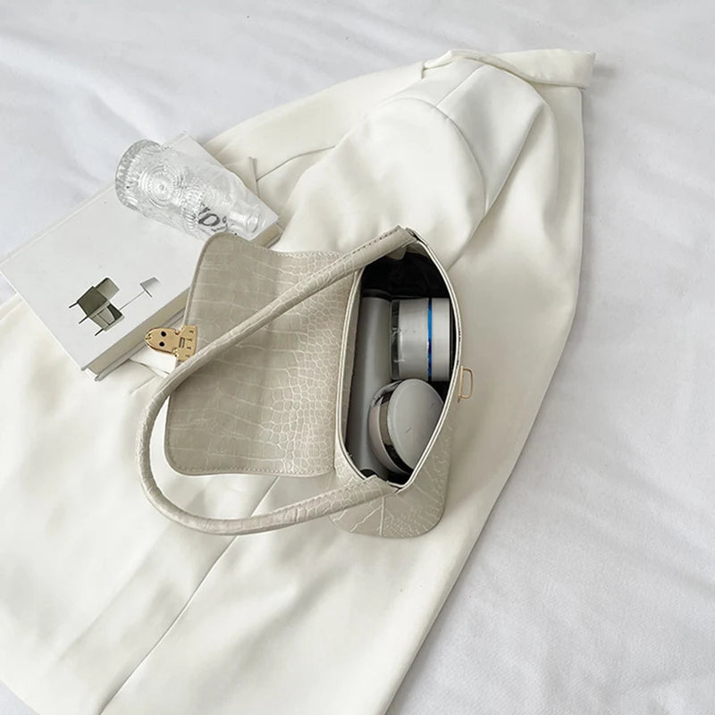 Modische und vielseitige Ein-Schulter-Handtasche für Damen mit Steinmuster – Unterarmtasche aus PU, kleine quadratische Handtasche