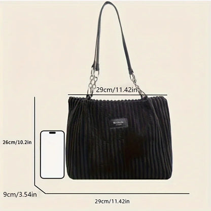 Große Cord-Tote-Bag mit Kette für Damen – Schultertasche mit großem Fassungsvermögen, Polyesterfutter, Reißverschluss