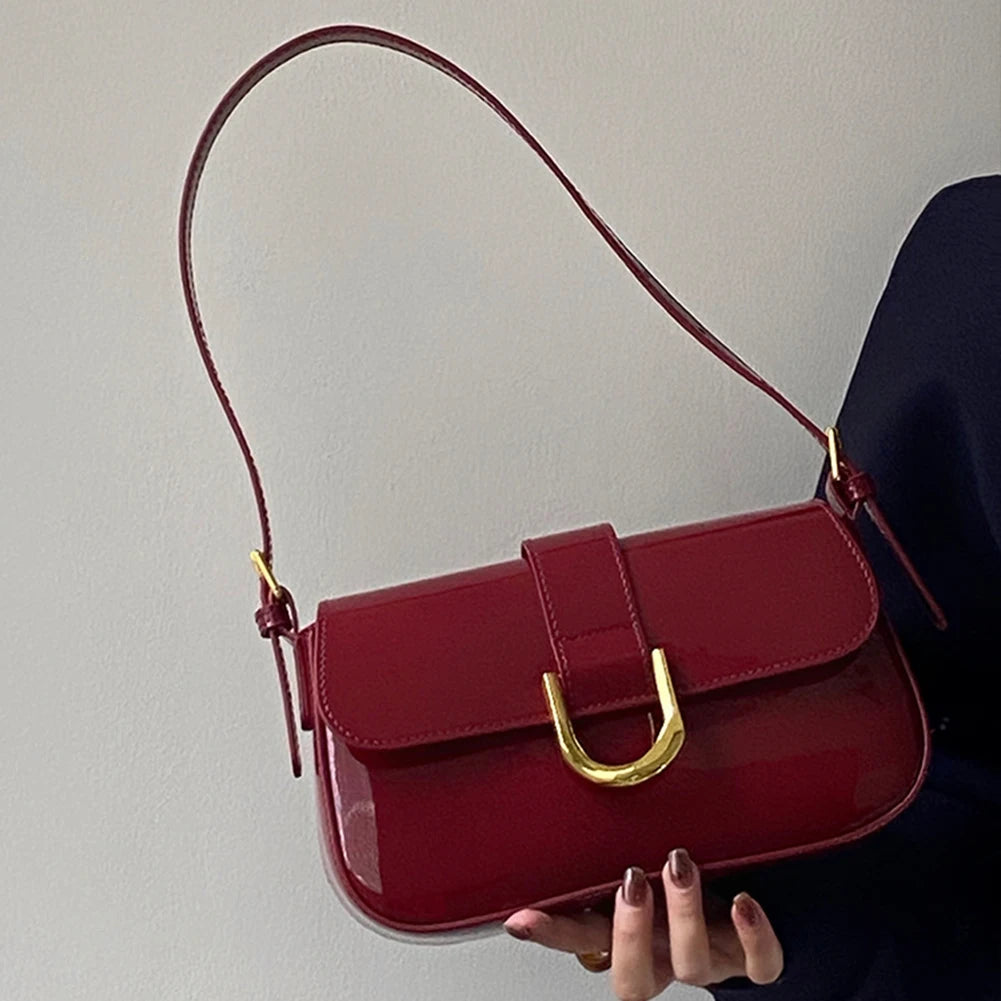 Retro Schultertasche aus Lackleder für Damen – Luxus Klappen-Crossbody-Tasche, Einfarbig, Unterarmtasche, Rote Crossbody-Handtasche für Frauen
