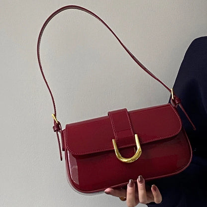 Retro Schultertasche aus Lackleder für Damen – Luxus Klappen-Crossbody-Tasche, Einfarbig, Unterarmtasche, Rote Crossbody-Handtasche für Frauen
