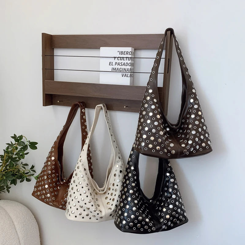 PU-Leder Bucket-Hobo-Tasche mit Nieten für Damen – Neuer Punk-Trend , Modische Schultertasche, Handtasche & Geldbörse