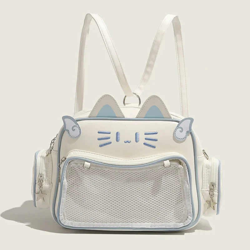 Damen Rucksack Mode Y2K – Koreanisch/Japanisch Kawaii Katze Ita Bag PU, Süß, Transparentes Fach, Ästhetische Schulter- & Crossbody-Tasche für Mädchen