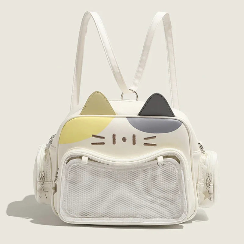 Damen Rucksack Mode Y2K – Koreanisch/Japanisch Kawaii Katze Ita Bag PU, Süß, Transparentes Fach, Ästhetische Schulter- & Crossbody-Tasche für Mädchen