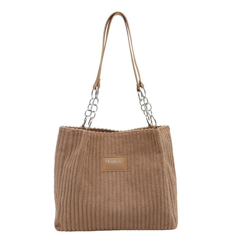 Große Cord-Tote-Bag mit Kette für Damen – Schultertasche mit großem Fassungsvermögen, Polyesterfutter, Reißverschluss