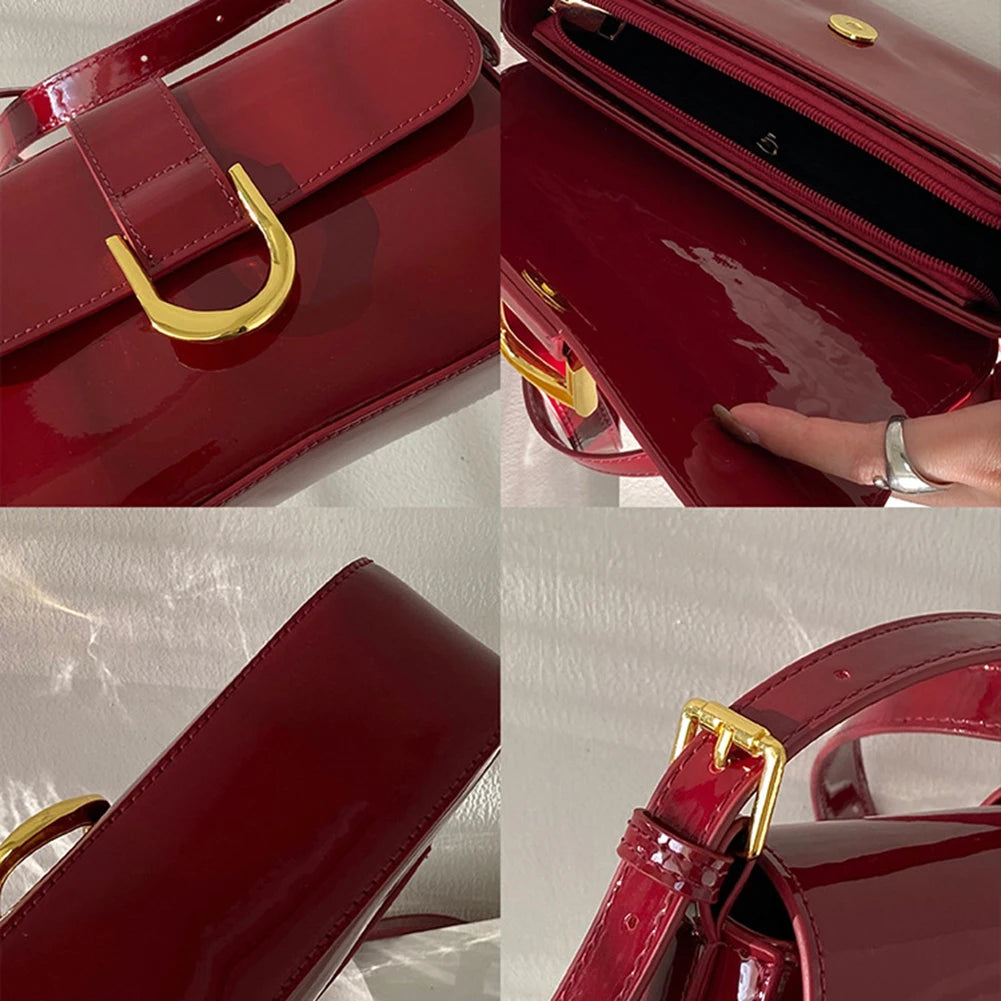 Retro Schultertasche aus Lackleder für Damen – Luxus Klappen-Crossbody-Tasche, Einfarbig, Unterarmtasche, Rote Crossbody-Handtasche für Frauen