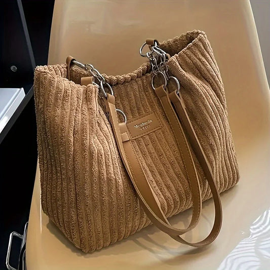 Große Cord-Tote-Bag mit Kette für Damen – Schultertasche mit großem Fassungsvermögen, Polyesterfutter, Reißverschluss