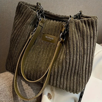 Große Cord-Tote-Bag mit Kette für Damen – Schultertasche mit großem Fassungsvermögen, Polyesterfutter, Reißverschluss