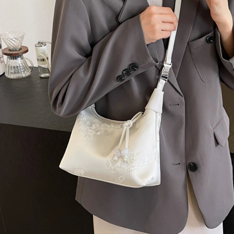 Lässige Bestickte Handtasche im Chinesischen Stil – Canvas Hanfu Stickerei, Reißverschluss Crossbody Bag, Cheongsam-Tasche für Party