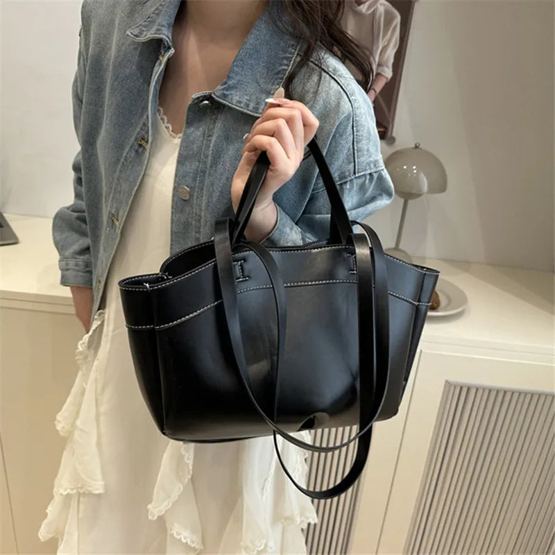 Einfarbige PU-Leder-Handtasche für Damen – Schulter- und Tote-Tasche mit großem Fassungsvermögen, Alltagstasche für Pendeln, Shopping und Crossbody-Tragen