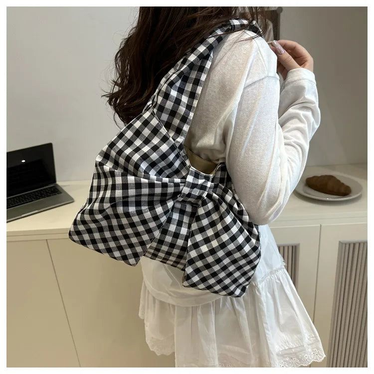 Retro Plaid-Schultertasche mit Schleife für Damen – Schlichte Pendler-Unterarmtasche, Lässige Tragbare Damen-Shopping-Tasche, Tote Bag