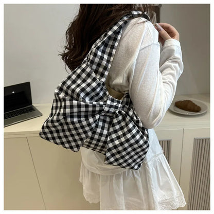 Retro Plaid-Schultertasche mit Schleife für Damen – Schlichte Pendler-Unterarmtasche, Lässige Tragbare Damen-Shopping-Tasche, Tote Bag