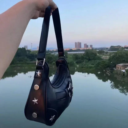 Vintage Koreanische Lässige Schultertasche mit Weißem Stern – Süße Achsel-Tote-Bag für Damen, Sling-Handtasche aus Kunstleder mit Reißverschluss