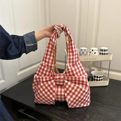 Retro Plaid-Schultertasche mit Schleife für Damen – Schlichte Pendler-Unterarmtasche, Lässige Tragbare Damen-Shopping-Tasche, Tote Bag