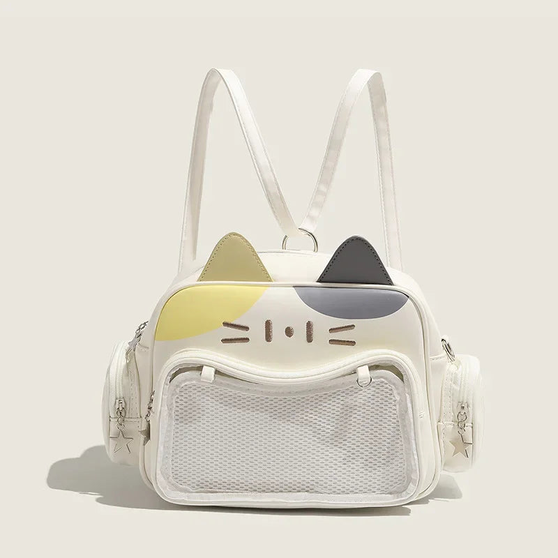 Damen Rucksack Mode Y2K – Koreanisch/Japanisch Kawaii Katze Ita Bag PU, Süß, Transparentes Fach, Ästhetische Schulter- & Crossbody-Tasche für Mädchen