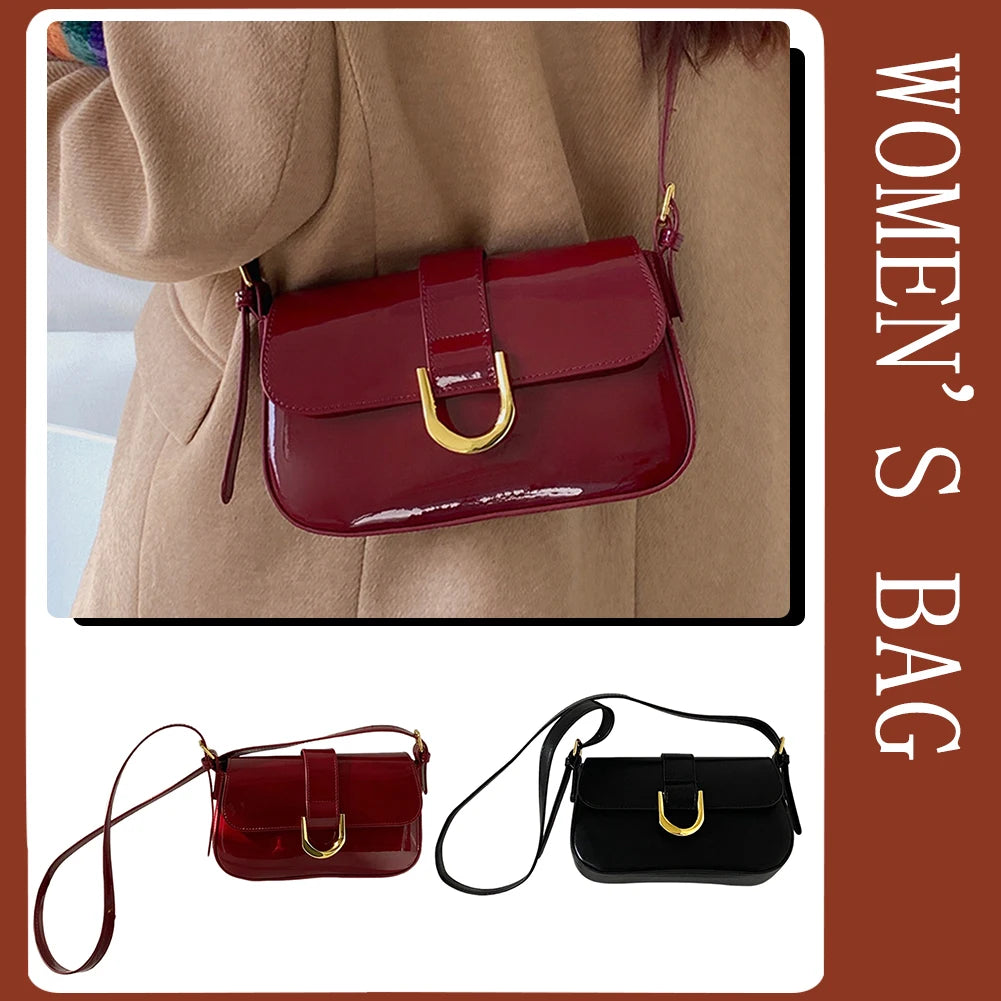 Retro Schultertasche aus Lackleder für Damen – Luxus Klappen-Crossbody-Tasche, Einfarbig, Unterarmtasche, Rote Crossbody-Handtasche für Frauen