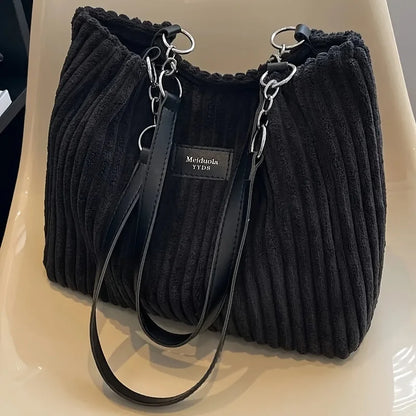 Große Cord-Tote-Bag mit Kette für Damen – Schultertasche mit großem Fassungsvermögen, Polyesterfutter, Reißverschluss