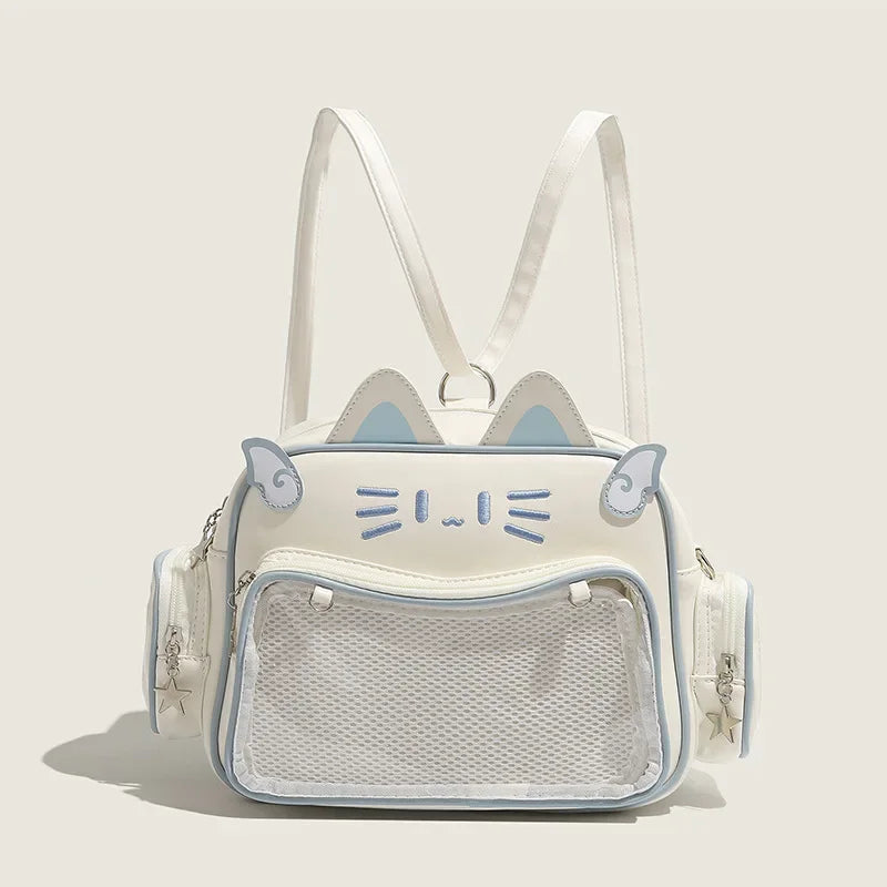 Damen Rucksack Mode Y2K – Koreanisch/Japanisch Kawaii Katze Ita Bag PU, Süß, Transparentes Fach, Ästhetische Schulter- & Crossbody-Tasche für Mädchen