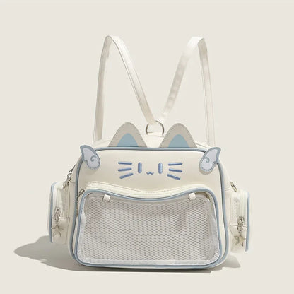 Damen Rucksack Mode Y2K – Koreanisch/Japanisch Kawaii Katze Ita Bag PU, Süß, Transparentes Fach, Ästhetische Schulter- & Crossbody-Tasche für Mädchen
