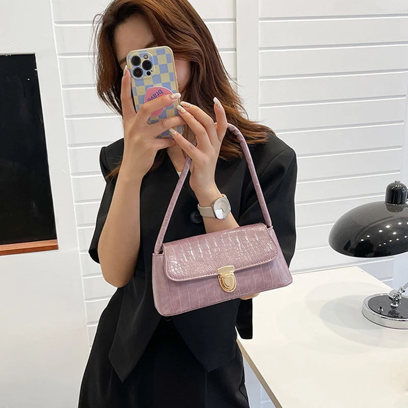 Modische und vielseitige Ein-Schulter-Handtasche für Damen mit Steinmuster – Unterarmtasche aus PU, kleine quadratische Handtasche