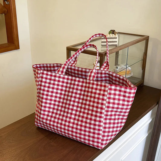 Große karierte Canvas-Umhängetasche für Damen – Schlichte Shopping- und Pendlertasche für Studentinnen, Reisetasche mit großem Fassungsvermögen