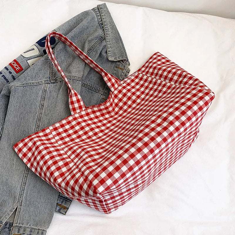 Große karierte Canvas-Umhängetasche für Damen – Schlichte Shopping- und Pendlertasche für Studentinnen, Reisetasche mit großem Fassungsvermögen
